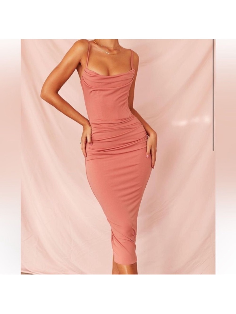 House of CB Dusty Rose Ruched Midi Dress